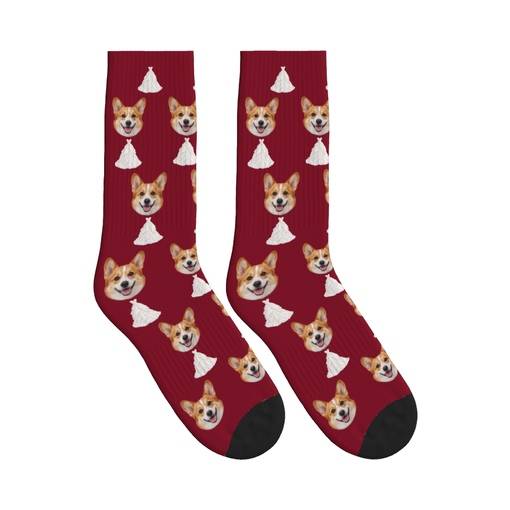 Wedding Dress Dog Face Socks in Burgundy with a custom dog photo