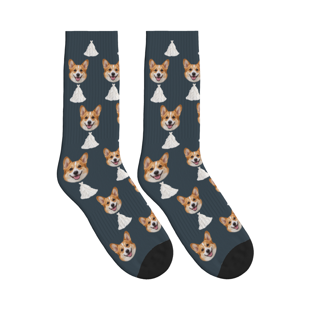 Wedding Dress Dog Face Socks in Charcoal Gray with a custom dog photo