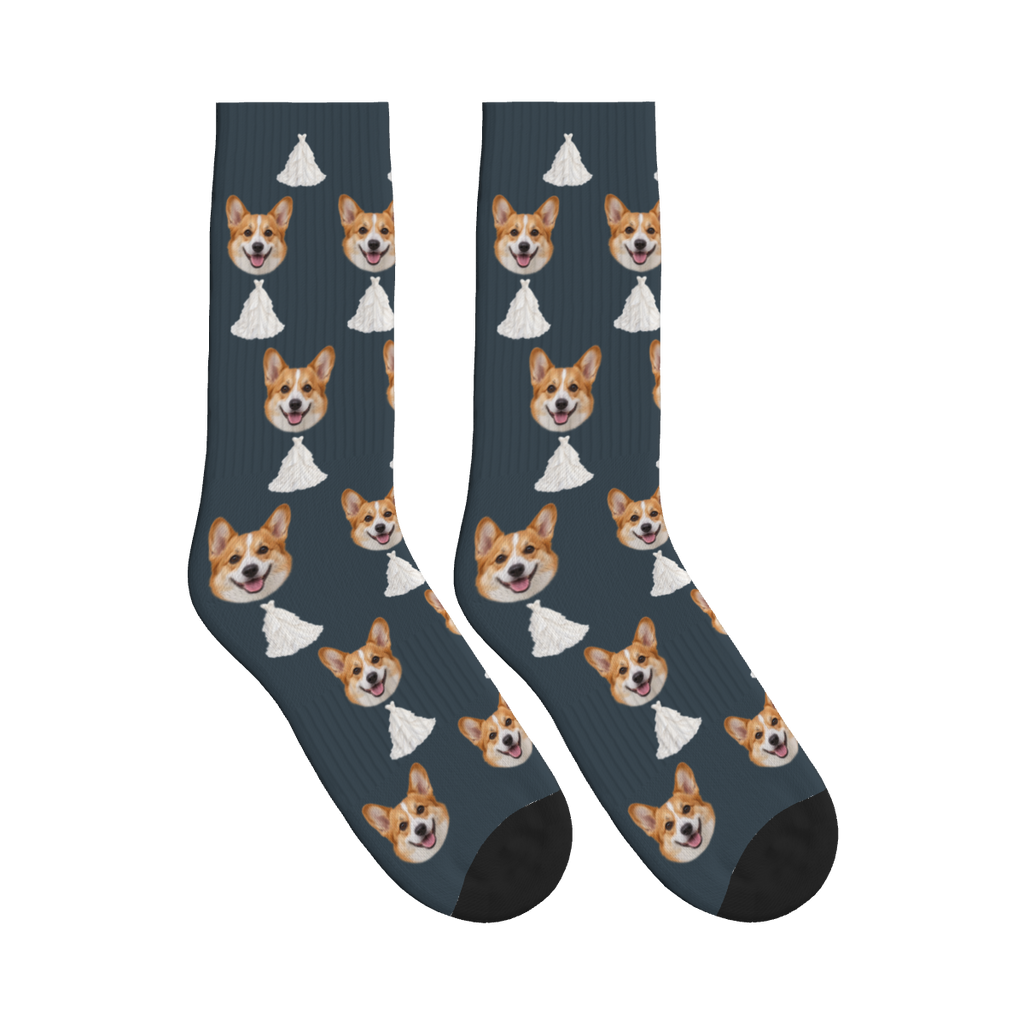 Wedding Dress Dog Face Socks in Charcoal Gray with a custom dog photo