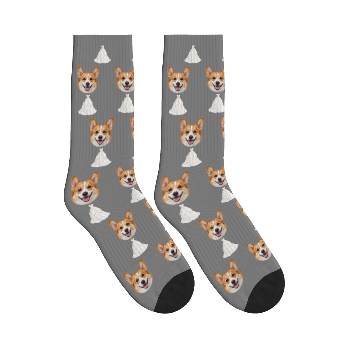 Wedding Dress Dog Face Socks in Gray with a custom dog photo