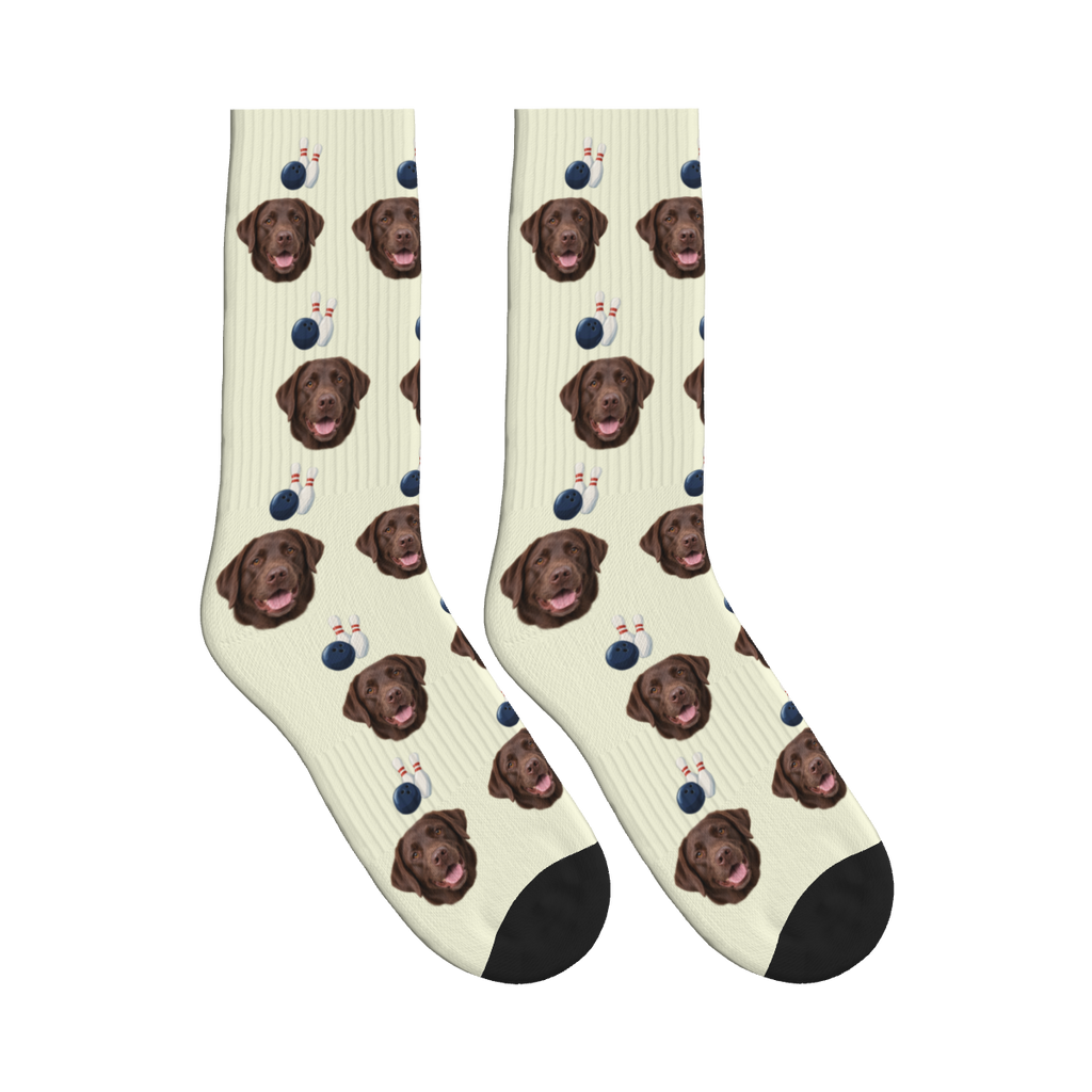 Weekend Bowling Dog Face Socks in Beige with a custom dog photo