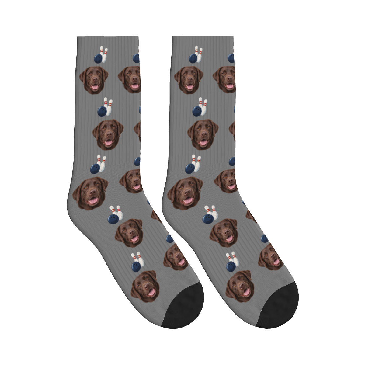 Weekend Bowling Dog Face Socks in Gray with a custom dog photo