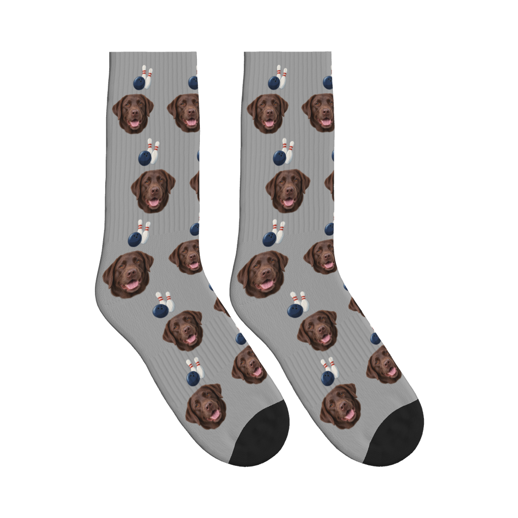 Weekend Bowling Dog Face Socks in Silver Gray with a custom dog photo