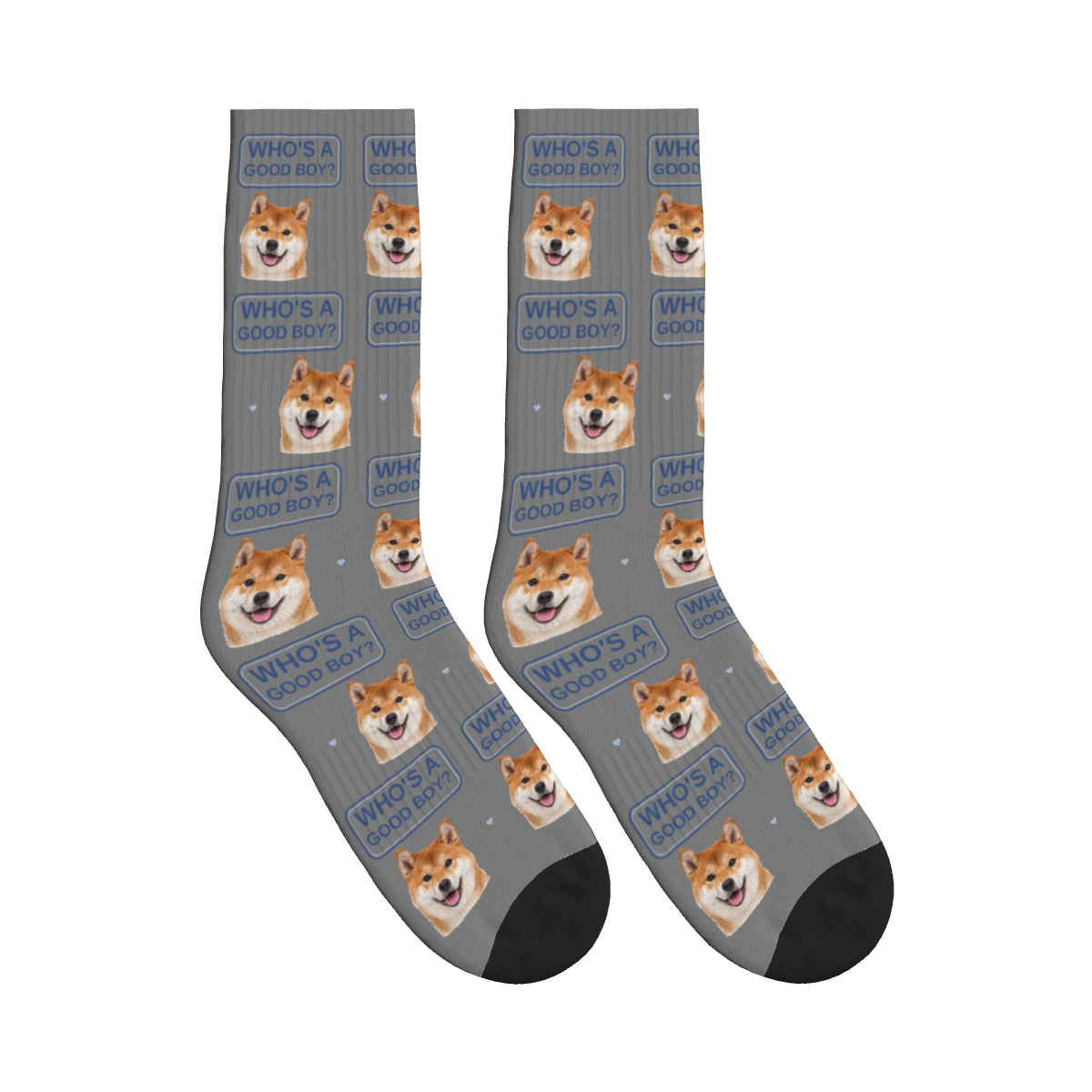 Who's a Good Boy Dog Face Socks in Gray with a custom dog photo