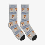 Who's a Good Boy Dog Face Socks in Light Gray with a custom dog photo