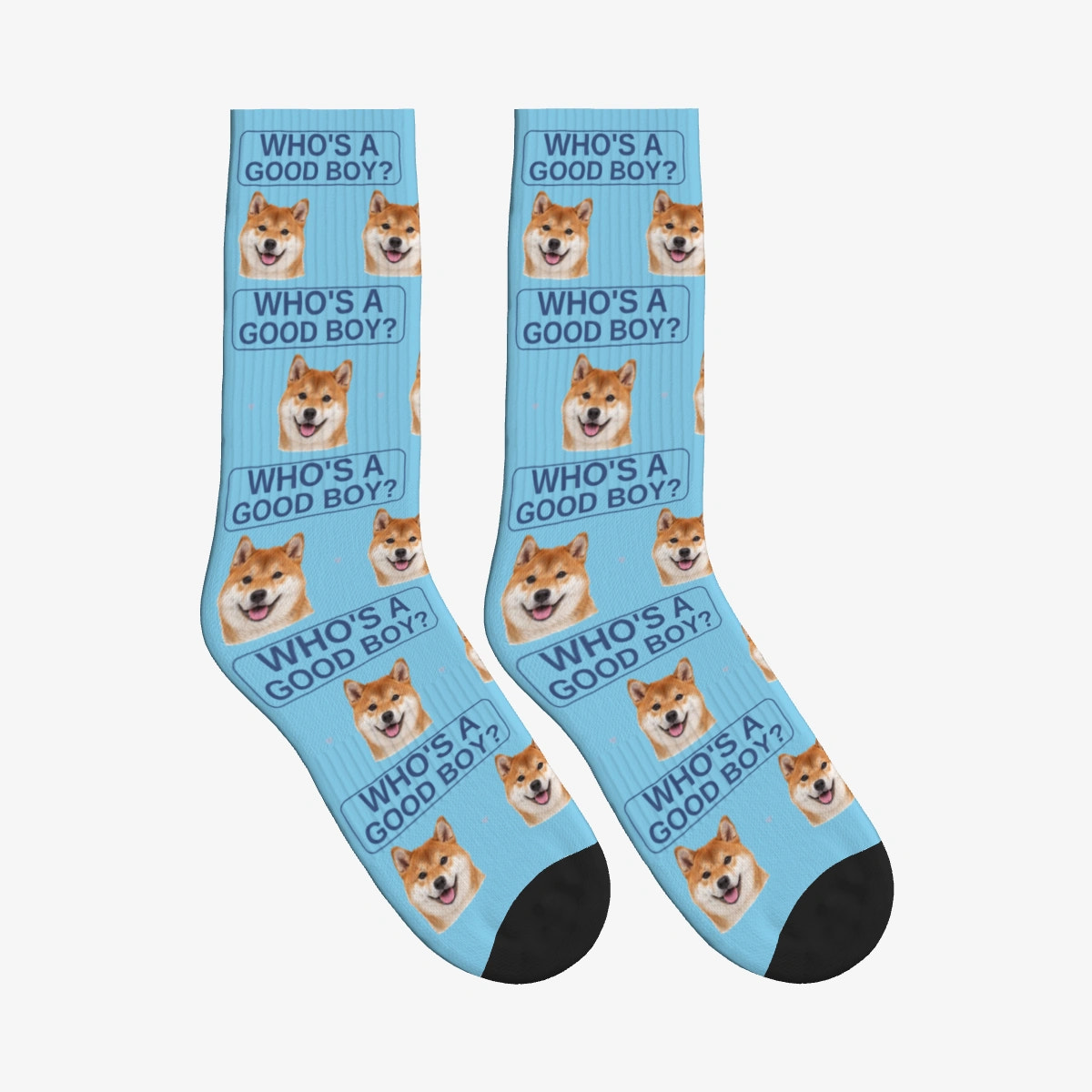 Who's a Good Boy Dog Face Socks in Sky Blue with a custom dog photo