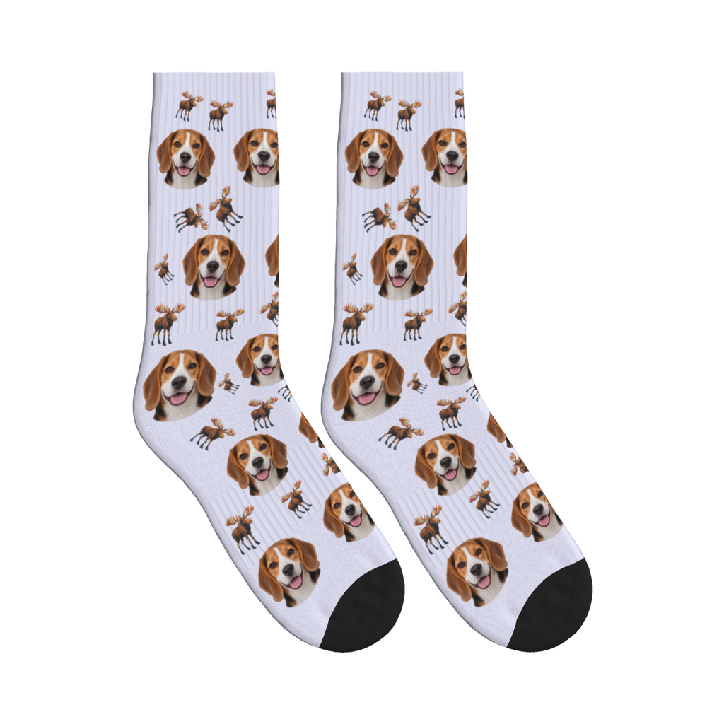 Woodland Moose Dog Face Socks in Lavender with a custom dog photo