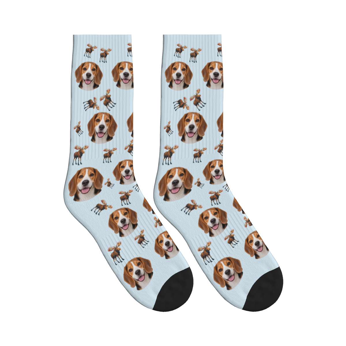 Woodland Moose Dog Face Socks in Powder Blue with a custom dog photo