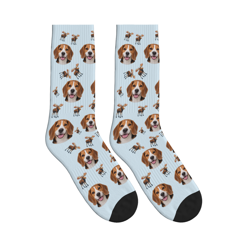 Woodland Moose Dog Face Socks in Powder Blue with a custom dog photo