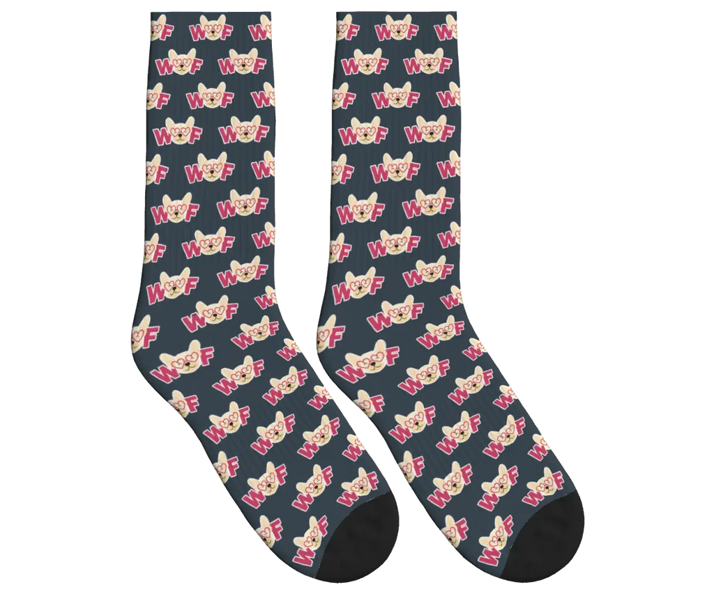 WOOF & Glasses Dog Pattern Socks - Charcoal Gray / Crew Socks