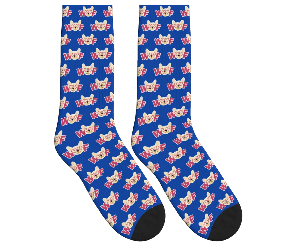 WOOF & Glasses Dog Pattern Socks - Cobalt Blue / Crew Socks