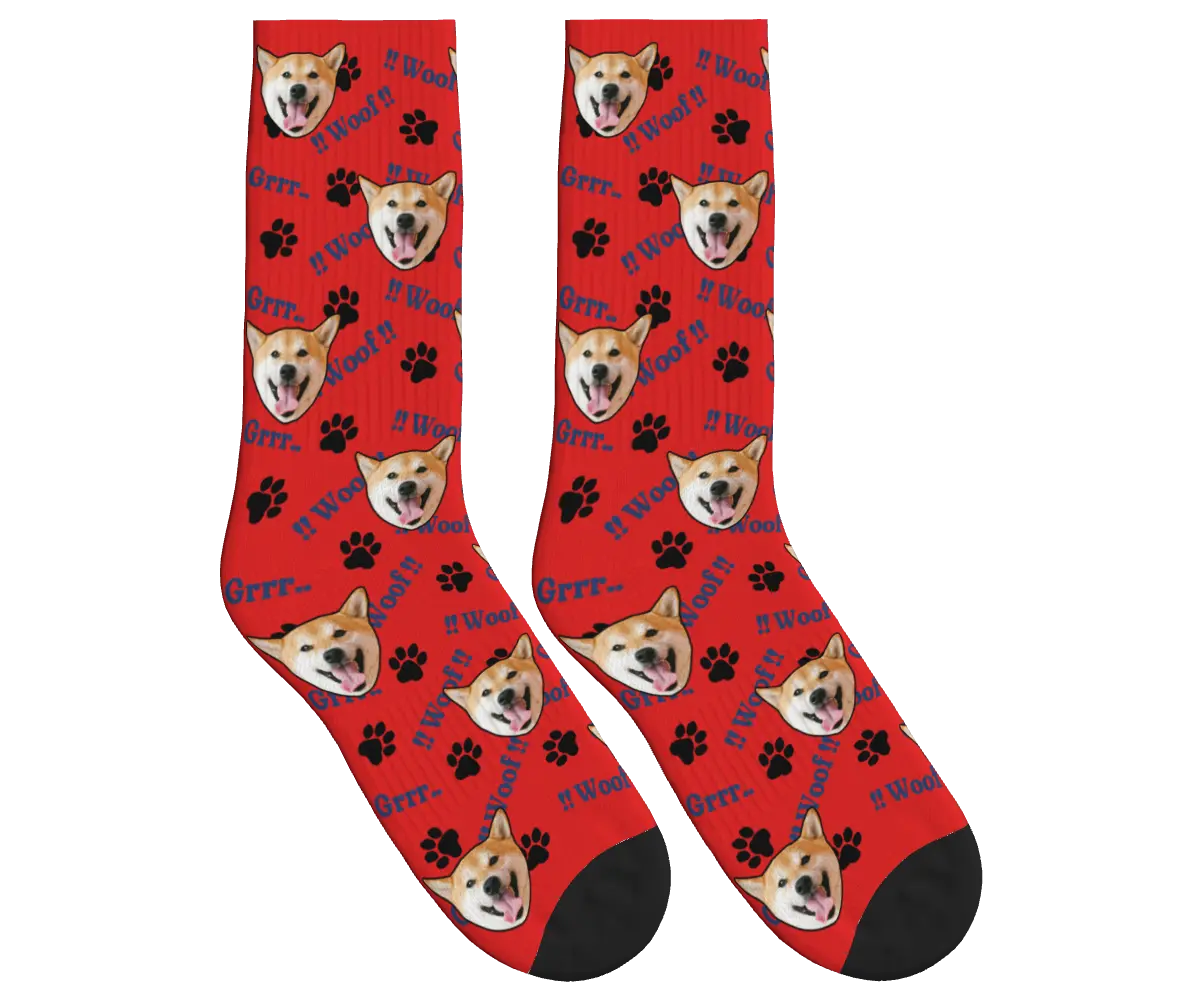 Woof!! Grrr.. Dog Face Socks with Fun Paw Patterns - Red / Crew Socks
