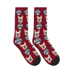 Dogs Are Family Badge Socks in Burgundy with a custom dog face and Dogs are family lettering