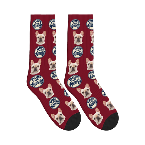 Dogs Are Family Badge Socks in Burgundy with a custom dog face and Dogs are family lettering
