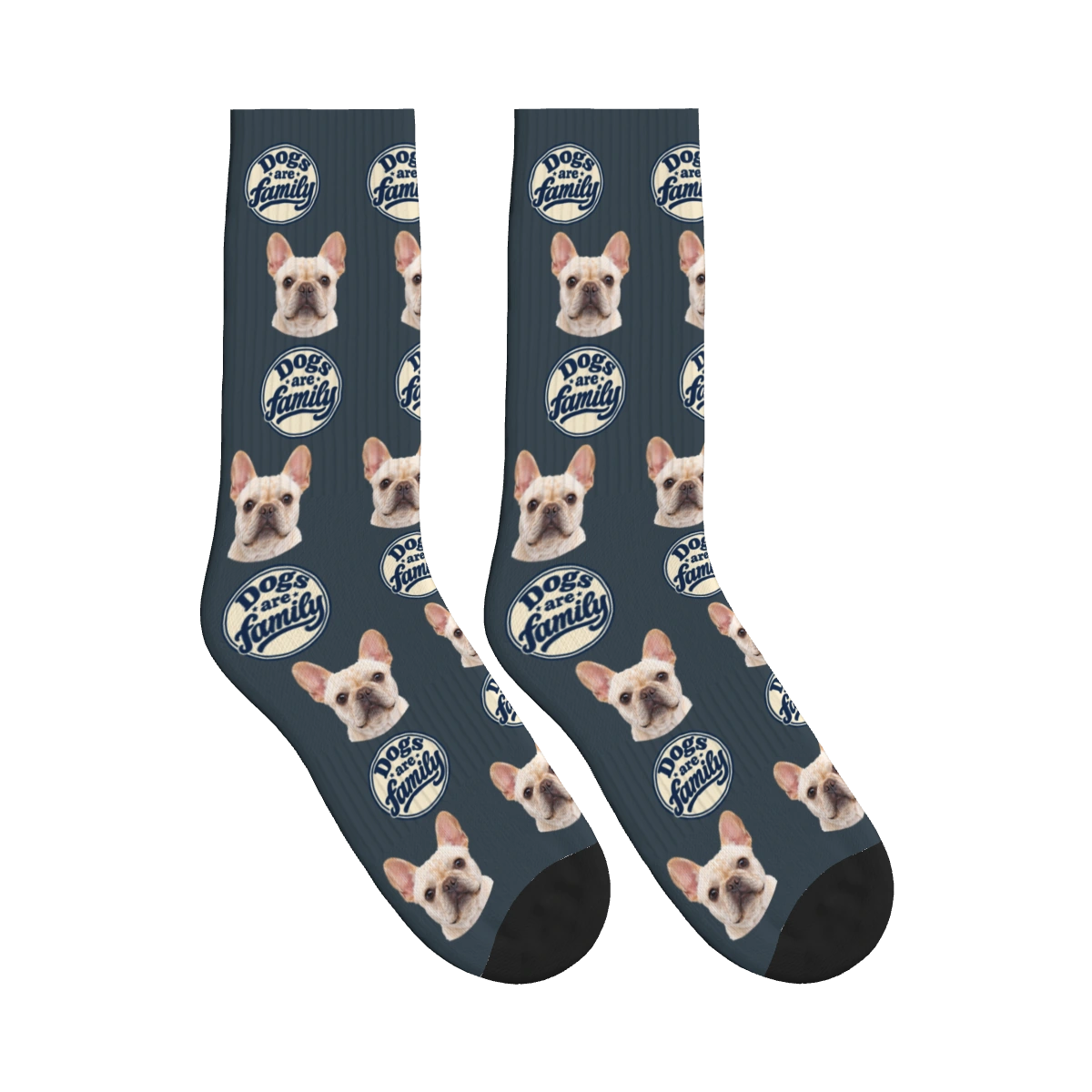 Dogs Are Family Badge Socks in Charcoal Gray with a custom dog face and Dogs are family lettering