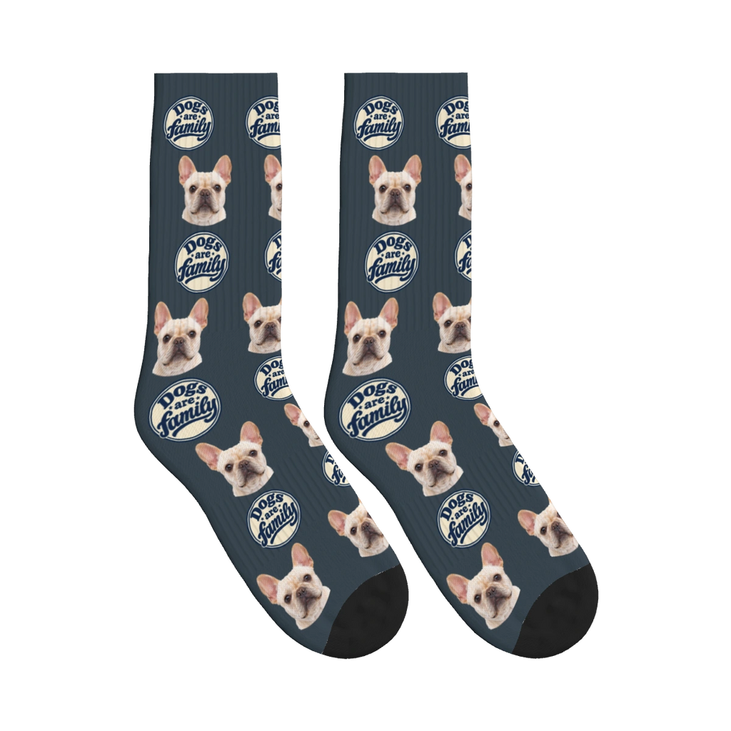 Dogs Are Family Badge Socks in Charcoal Gray with a custom dog face and Dogs are family lettering