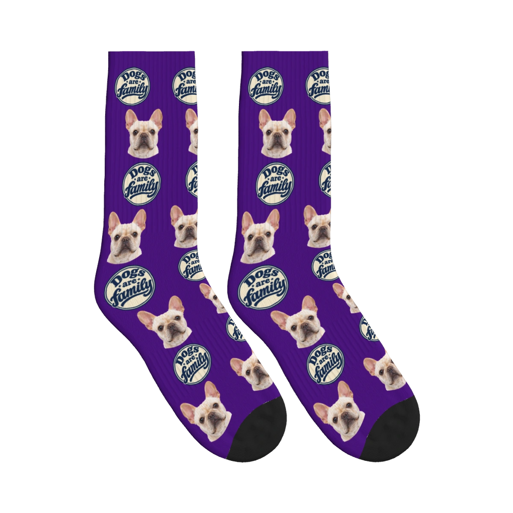Dogs Are Family Badge Socks in Deep Purple with a custom dog face and Dogs are family lettering