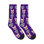 Dogs Are Family Badge Socks in Deep Purple with a custom dog face and Dogs are family lettering