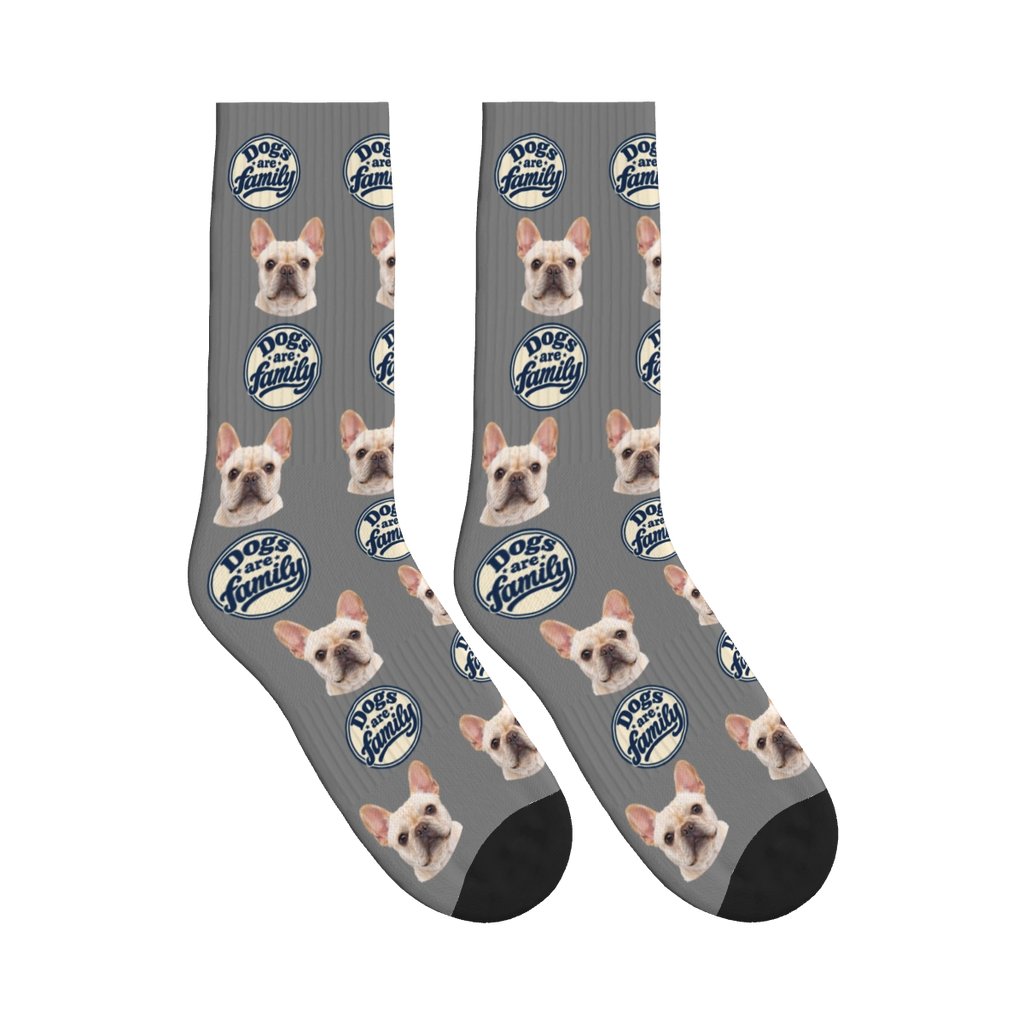 Dogs Are Family Badge Socks in Gray with a custom dog face and Dogs are family lettering