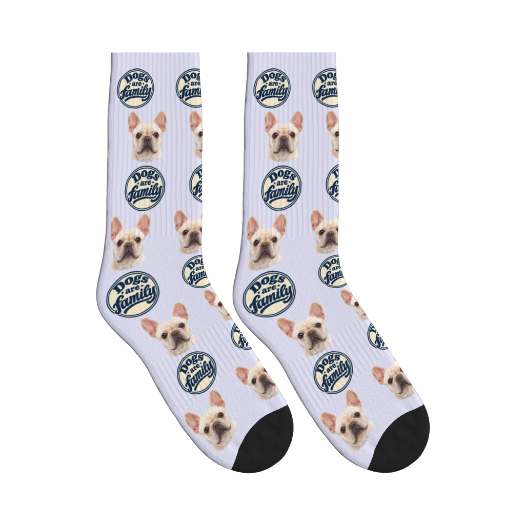 Dogs Are Family Badge Socks in Lavender with a custom dog face and Dogs are family lettering