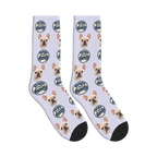 Dogs Are Family Badge Socks in Lavender with a custom dog face and Dogs are family lettering