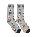 Dogs Are Family Badge Socks in Light Gray with a custom dog face and Dogs are family lettering