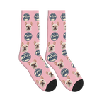 Dogs Are Family Badge Socks in Pink with a custom dog face and Dogs are family lettering