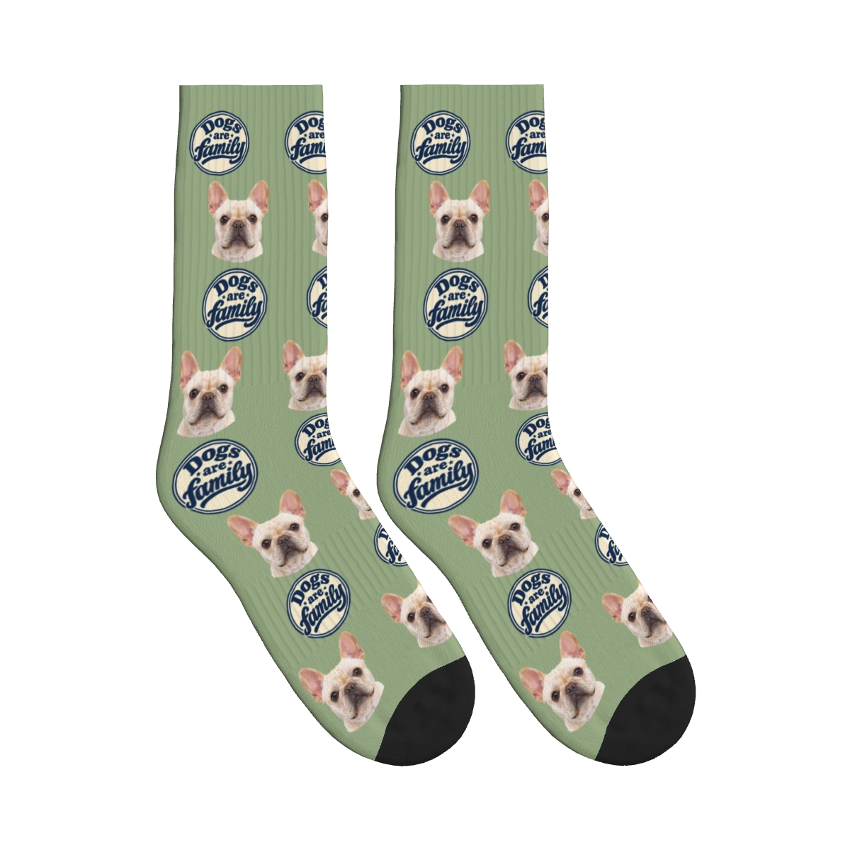 Dogs Are Family Badge Socks in Sage Green with a custom dog face and Dogs are family lettering