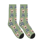 Dogs Are Family Badge Socks in Sage Green with a custom dog face and Dogs are family lettering