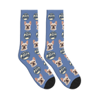 Dogs Are Family Badge Socks in Slate Blue with a custom dog face and Dogs are family lettering