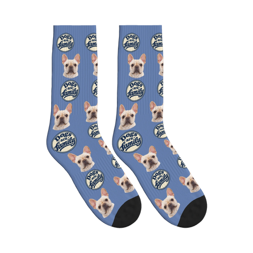 Dogs Are Family Badge Socks in Slate Blue with a custom dog face and Dogs are family lettering