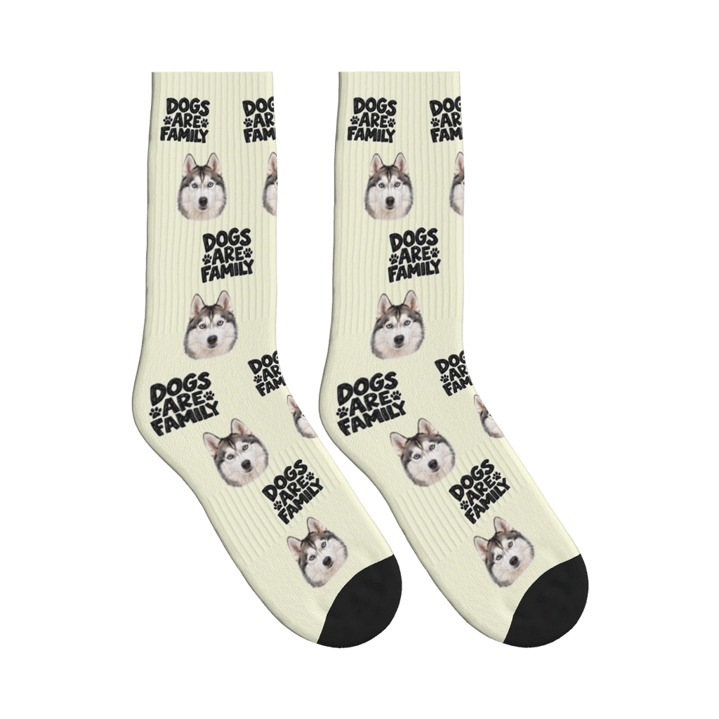 Dogs Are Family Bold Socks in Beige with a custom dog face and Dogs are family lettering