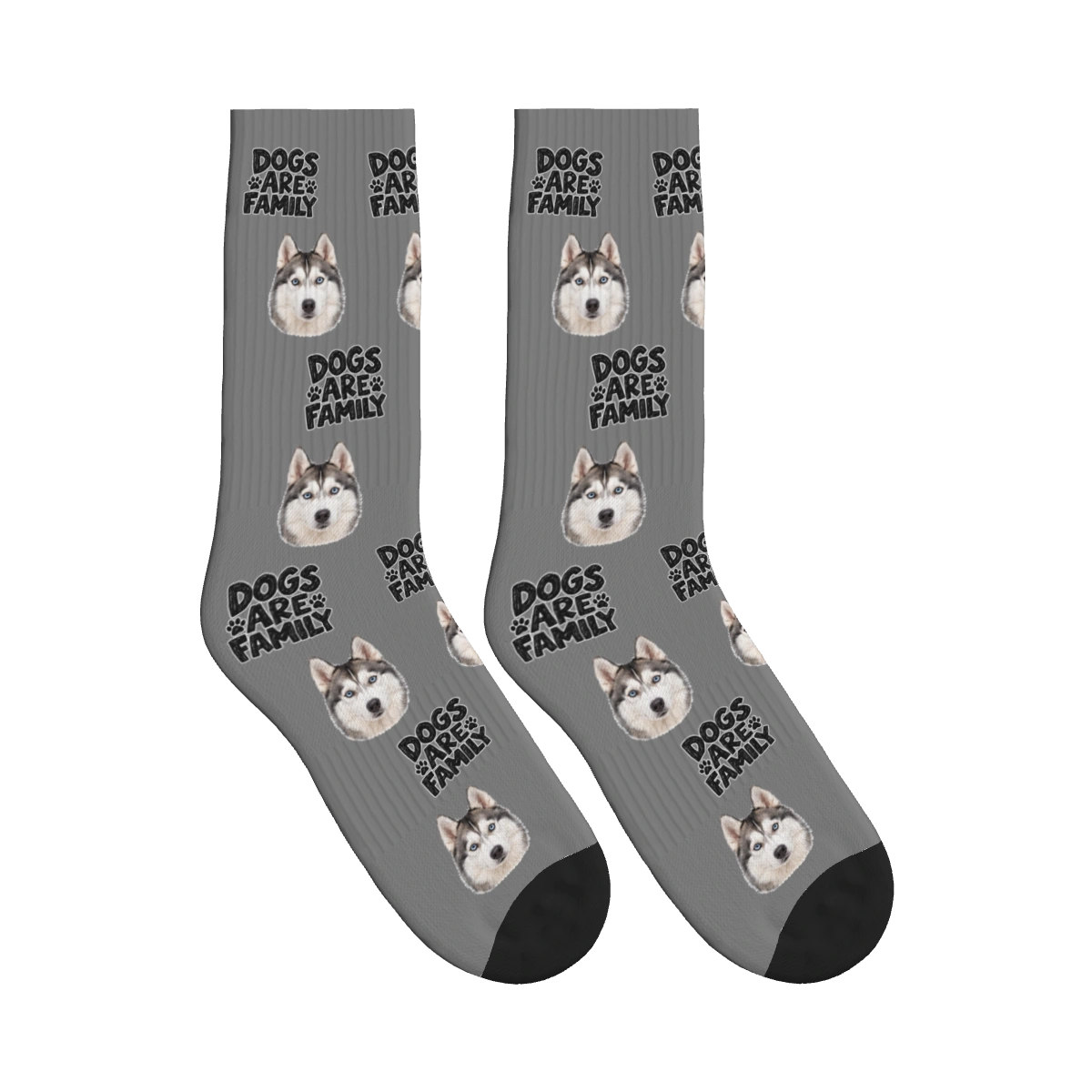 Dogs Are Family Bold Socks in Gray with a custom dog face and Dogs are family lettering