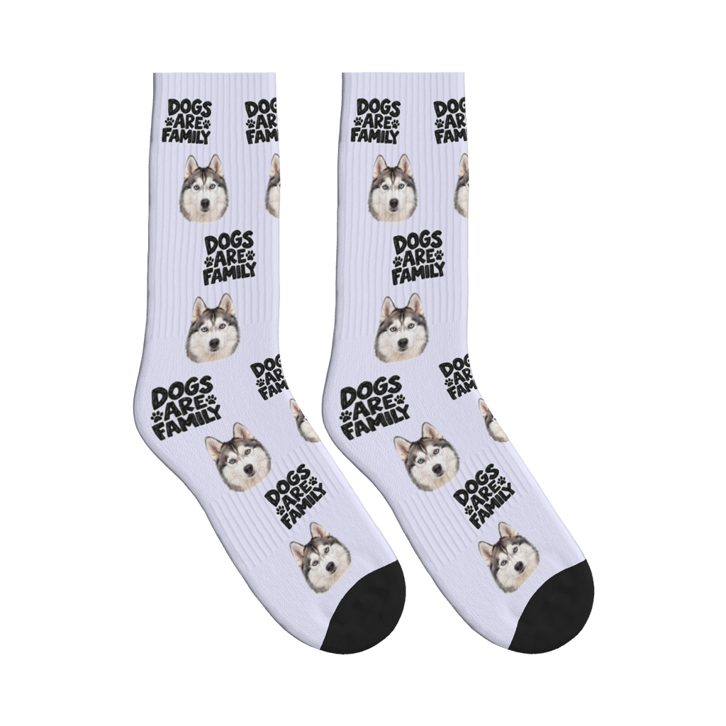 Dogs Are Family Bold Socks in Lavender with a custom dog face and Dogs are family lettering