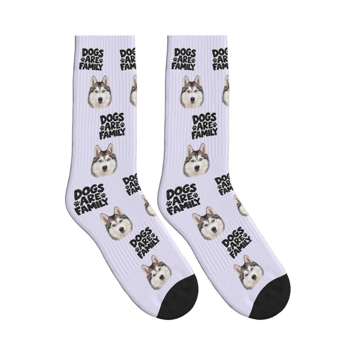 Dogs Are Family Bold Socks in Lavender with a custom dog face and Dogs are family lettering