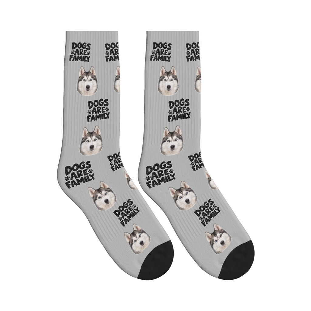 Dogs Are Family Bold Socks in Light Gray with a custom dog face and Dogs are family lettering