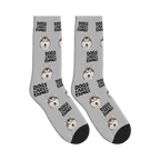 Dogs Are Family Bold Socks in Light Gray with a custom dog face and Dogs are family lettering