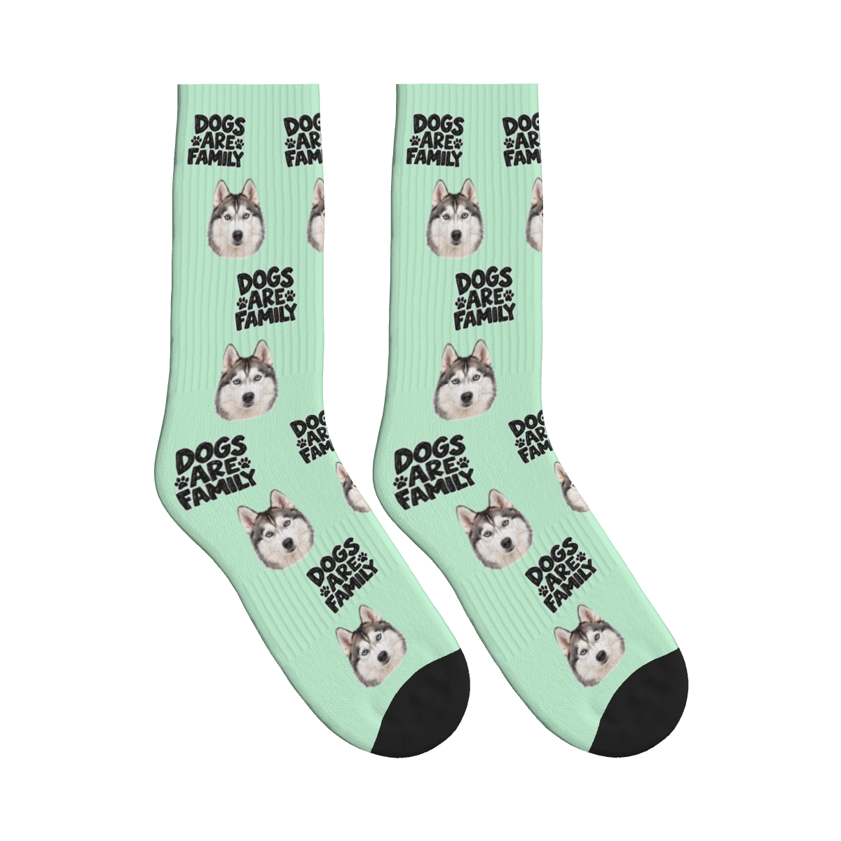 Dogs Are Family Bold Socks in Mint Green with a custom dog face and Dogs are family lettering