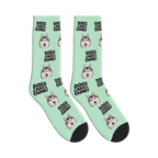 Dogs Are Family Bold Socks in Mint Green with a custom dog face and Dogs are family lettering