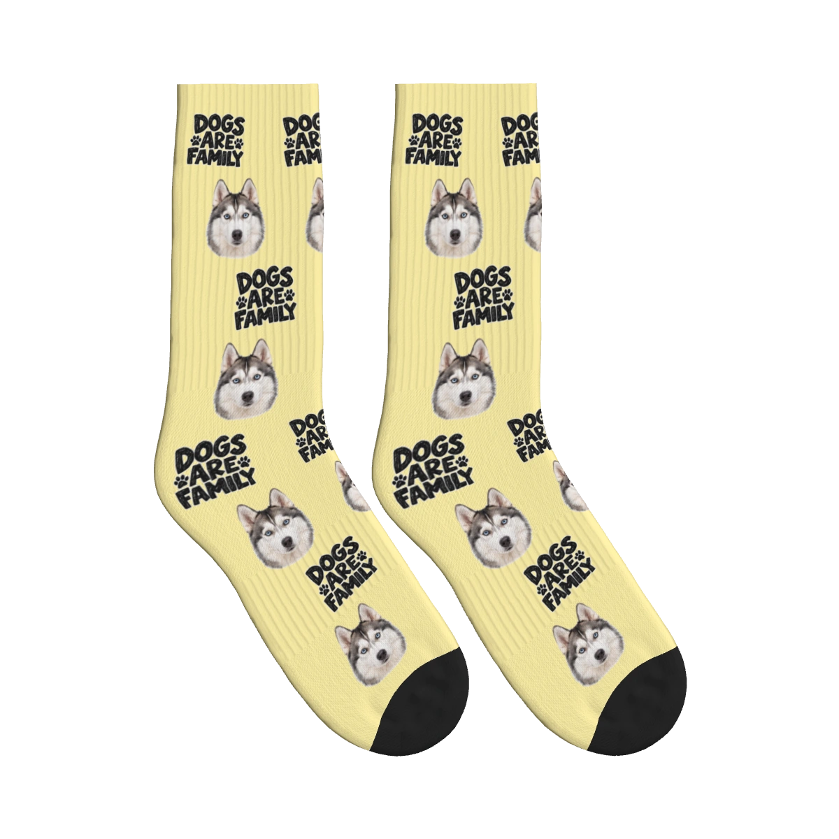 Dogs Are Family Bold Socks in Pale Yellow with a custom dog face and Dogs are family lettering