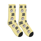 Dogs Are Family Bold Socks in Pale Yellow with a custom dog face and Dogs are family lettering