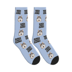 Dogs Are Family Bold Socks in Periwinkle with a custom dog face and Dogs are family lettering