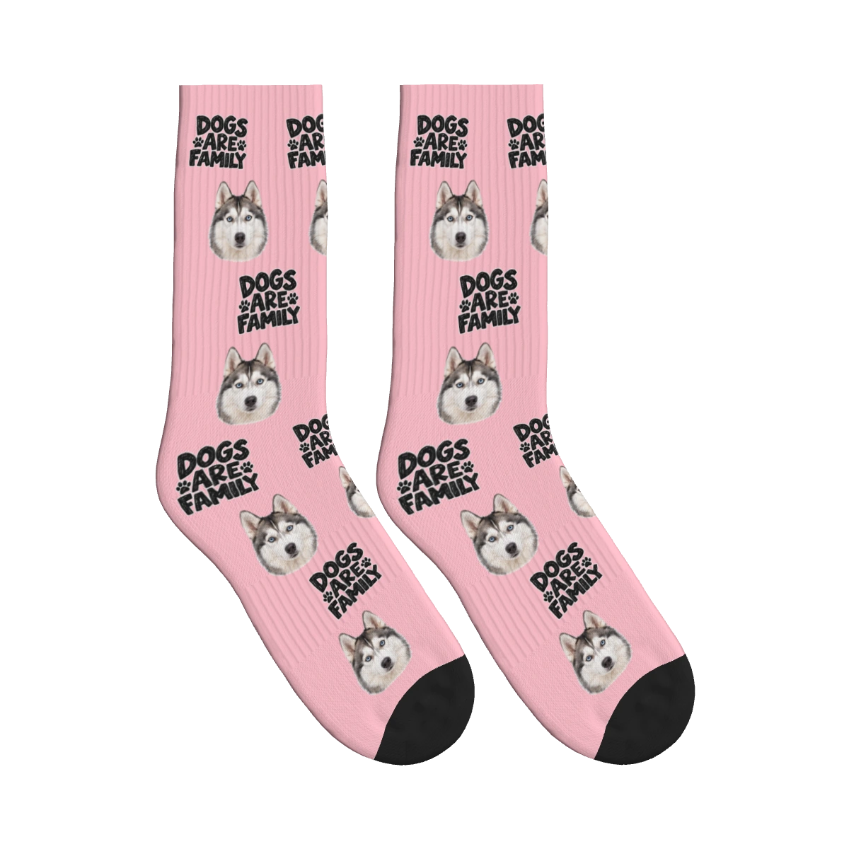Dogs Are Family Bold Socks in Pink with a custom dog face and Dogs are family lettering