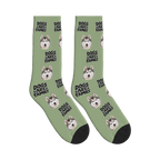 Dogs Are Family Bold Socks in Sage Green with a custom dog face and Dogs are family lettering