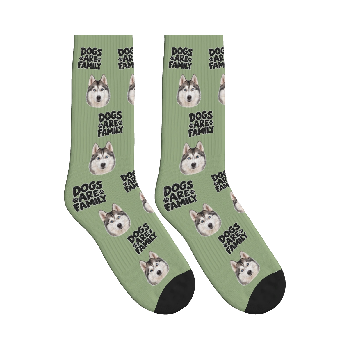 Dogs Are Family Bold Socks in Sage Green with a custom dog face and Dogs are family lettering
