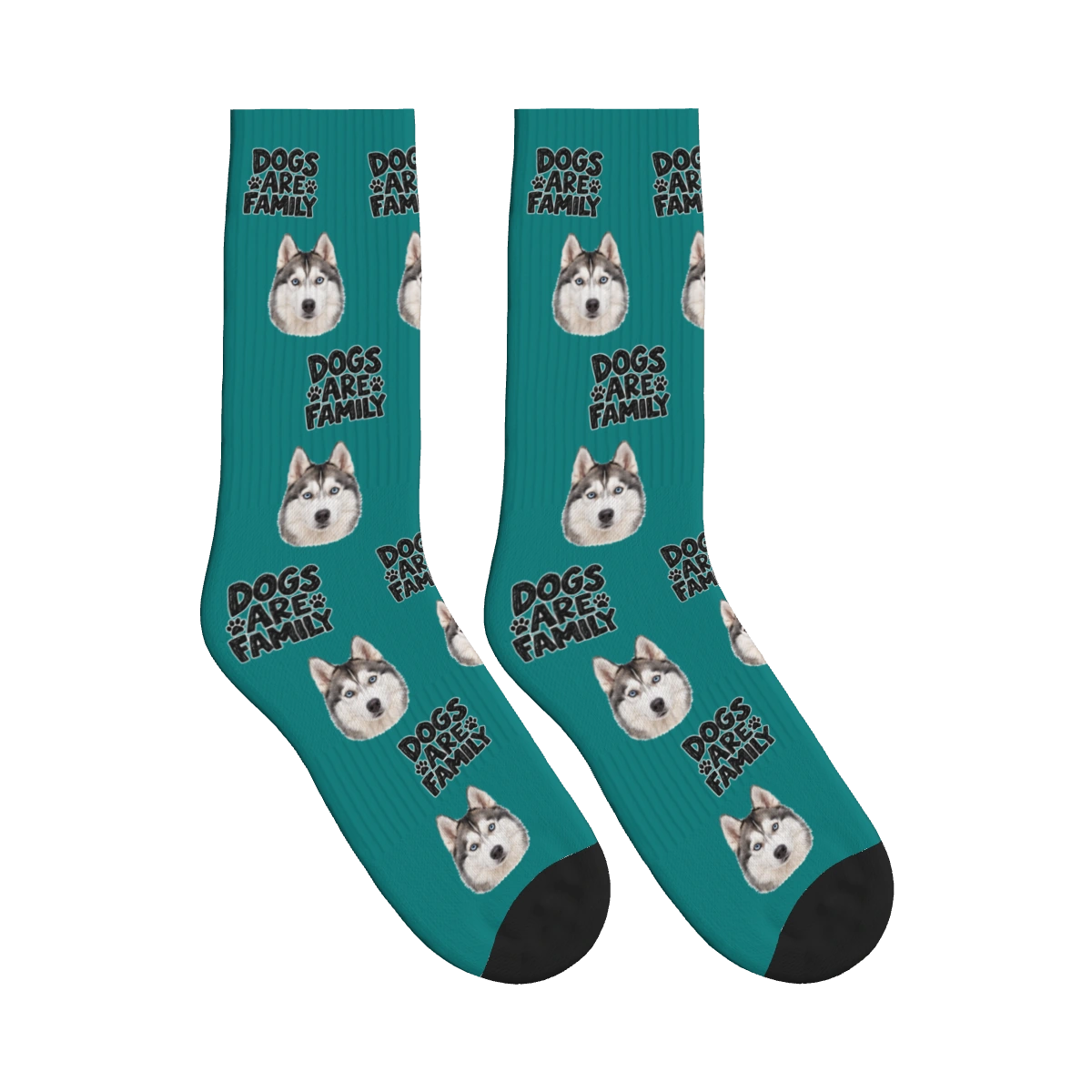 Dogs Are Family Bold Socks in Teal with a custom dog face and Dogs are family lettering