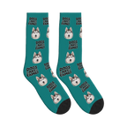 Dogs Are Family Bold Socks in Teal with a custom dog face and Dogs are family lettering