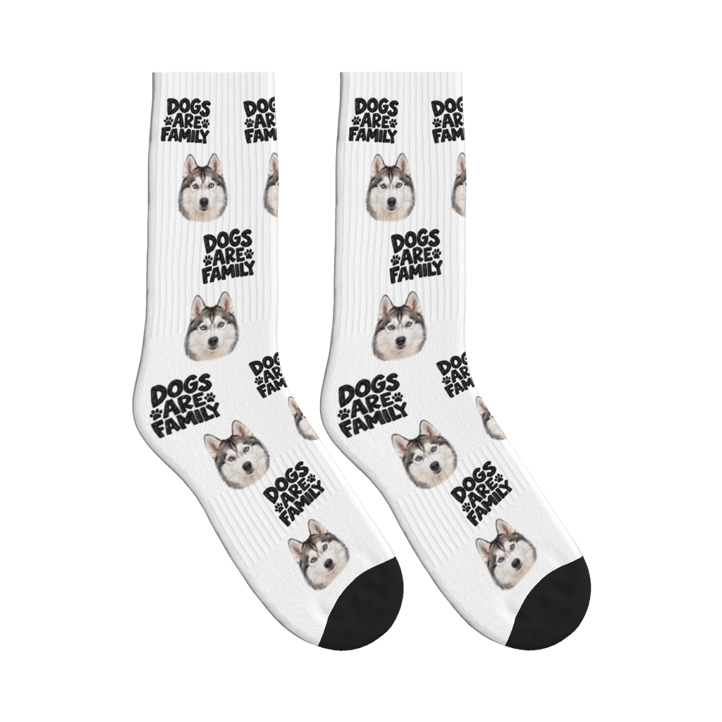 Dogs Are Family Bold Socks in White with a custom dog face and Dogs are family lettering