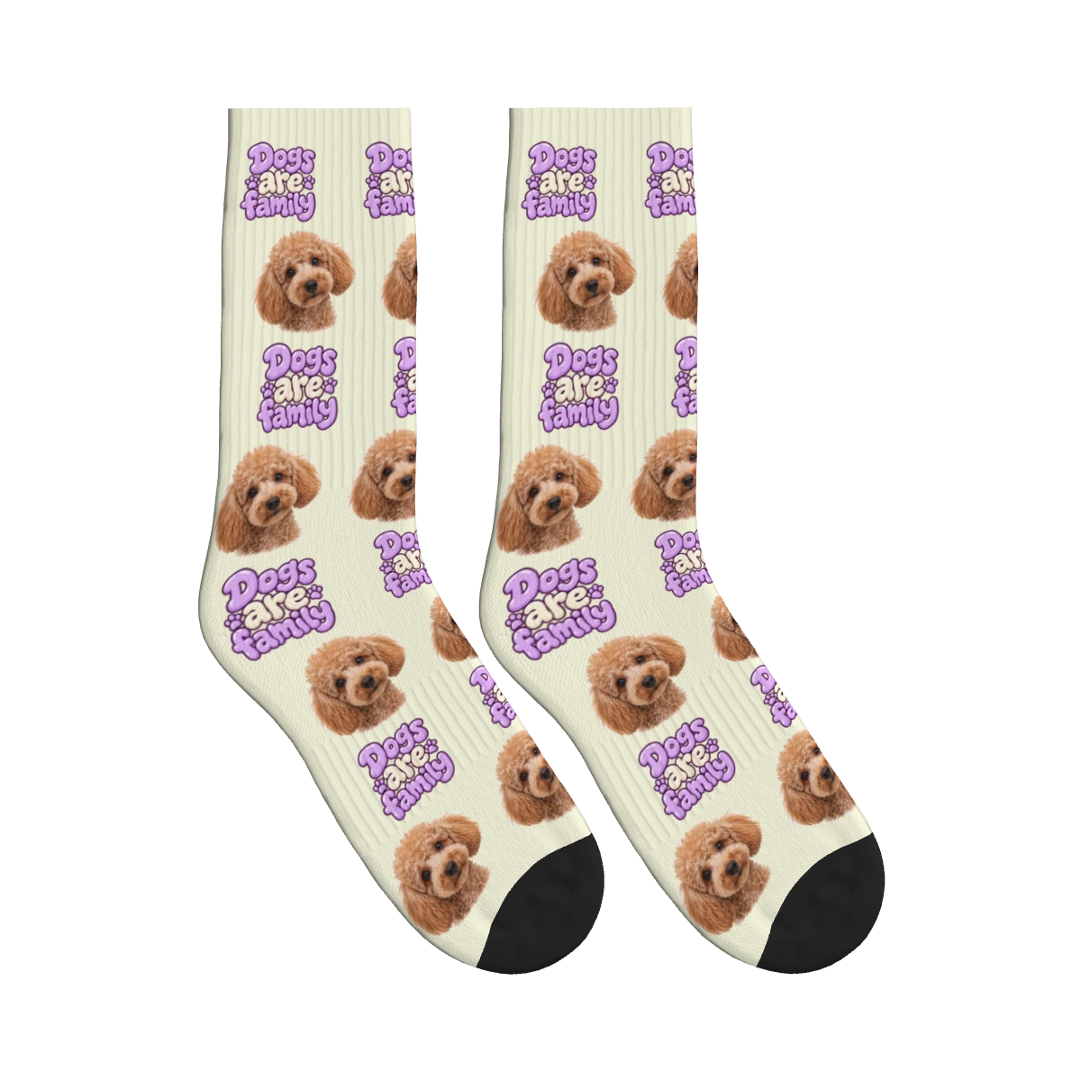 Dogs Are Family Bubble Socks in Beige with a custom dog face and Dogs are family lettering