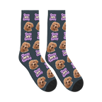 Dogs Are Family Bubble Socks in Charcoal Gray with a custom dog face and Dogs are family lettering